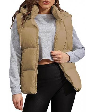 Puffer Hooded Vest Women Zip Up Lightweight Sleeveless Winter Outerwear Vests Gilet Padded Jacket Khaki $11.50 Vests