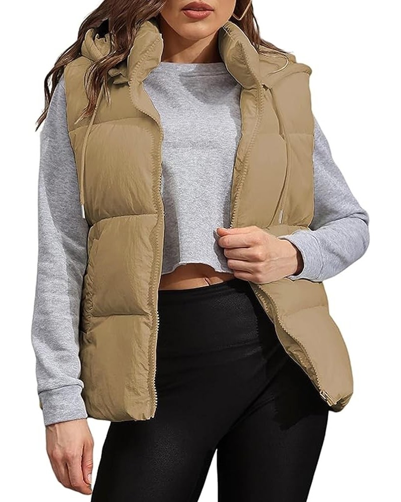 Puffer Hooded Vest Women Zip Up Lightweight Sleeveless Winter Outerwear Vests Gilet Padded Jacket Khaki $11.50 Vests