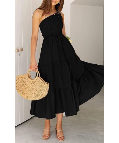 Women One Shoulder Sleeveless Dresses Smocked High Waist Floral Print Boho Pleated Swing Maxi Long Dress A Black $15.39 Dresses