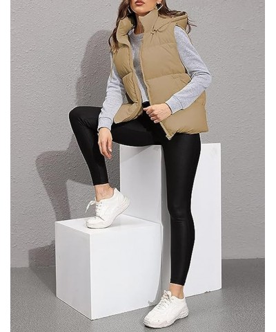 Puffer Hooded Vest Women Zip Up Lightweight Sleeveless Winter Outerwear Vests Gilet Padded Jacket Khaki $11.50 Vests