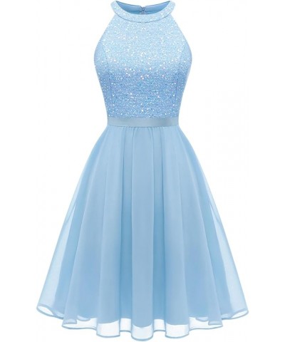 Sequin Halter Prom Dress for Women Party Night Elegant Wedding Bridesmaid Dresses Blue $24.36 Dresses