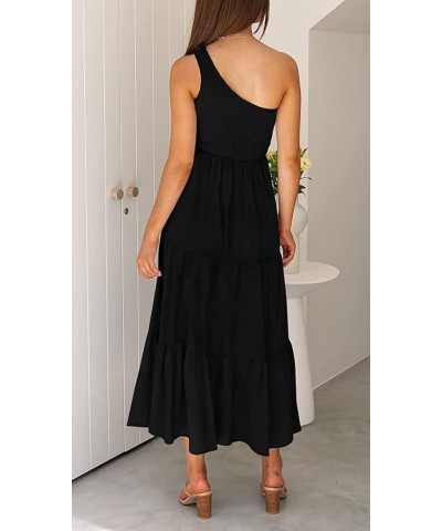 Women One Shoulder Sleeveless Dresses Smocked High Waist Floral Print Boho Pleated Swing Maxi Long Dress A Black $15.39 Dresses