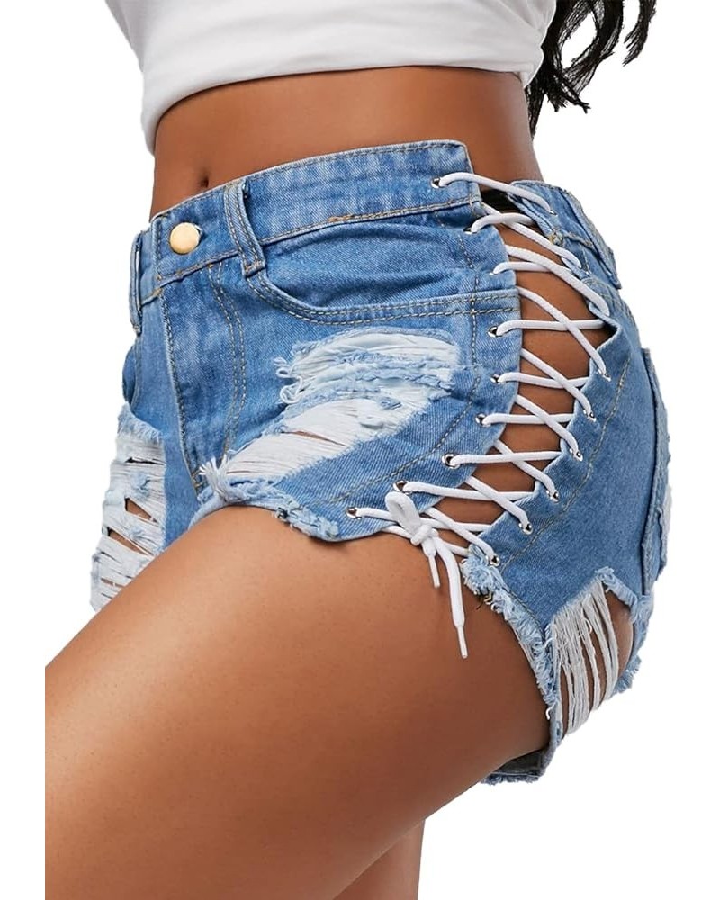 Women Summer Short Jeans High Waist Lace Up Destroyed Fringe Sexy Denim Shorts Blue $11.01 Shorts