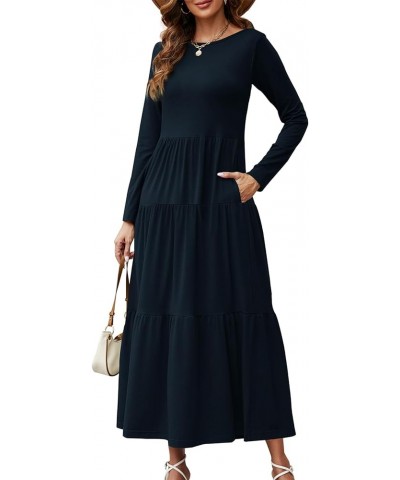 Women's Long Sleeve Loose Maxi Dress Tiered Fall Casual Long Dresses with Pockets Navy $20.05 Dresses