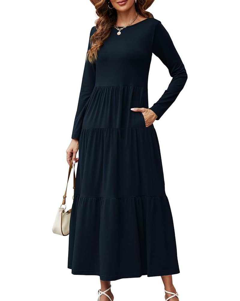 Women's Long Sleeve Loose Maxi Dress Tiered Fall Casual Long Dresses with Pockets Navy $20.05 Dresses