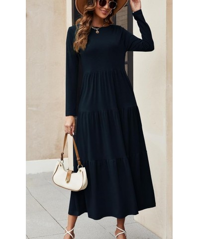 Women's Long Sleeve Loose Maxi Dress Tiered Fall Casual Long Dresses with Pockets Navy $20.05 Dresses