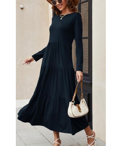 Women's Long Sleeve Loose Maxi Dress Tiered Fall Casual Long Dresses with Pockets Navy $20.05 Dresses