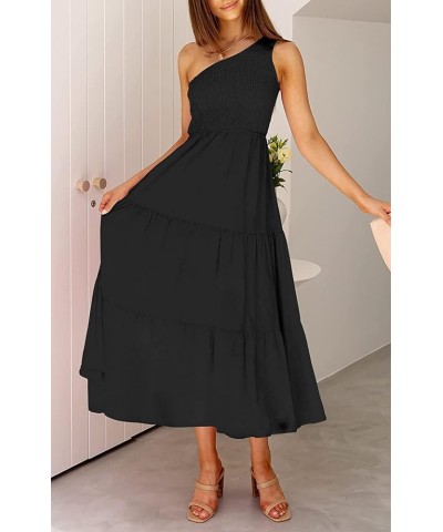 Women One Shoulder Sleeveless Dresses Smocked High Waist Floral Print Boho Pleated Swing Maxi Long Dress A Black $15.39 Dresses