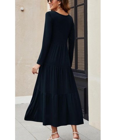 Women's Long Sleeve Loose Maxi Dress Tiered Fall Casual Long Dresses with Pockets Navy $20.05 Dresses