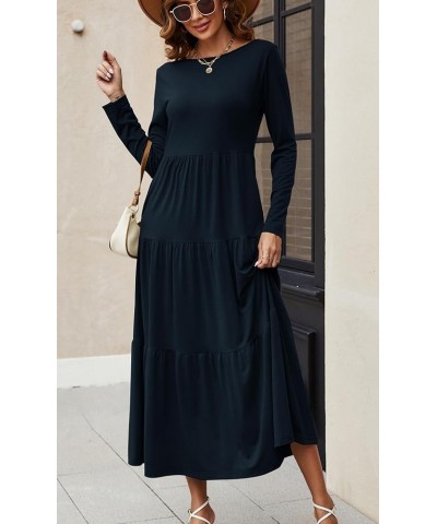 Women's Long Sleeve Loose Maxi Dress Tiered Fall Casual Long Dresses with Pockets Navy $20.05 Dresses