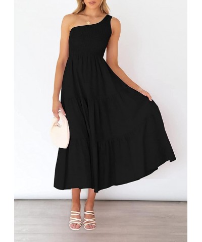 Women One Shoulder Sleeveless Dresses Smocked High Waist Floral Print Boho Pleated Swing Maxi Long Dress A Black $15.39 Dresses