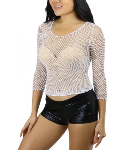 Women's Trendy Long Sleeve Diamond Net Fishnet Novelty Top White $9.66 Tanks