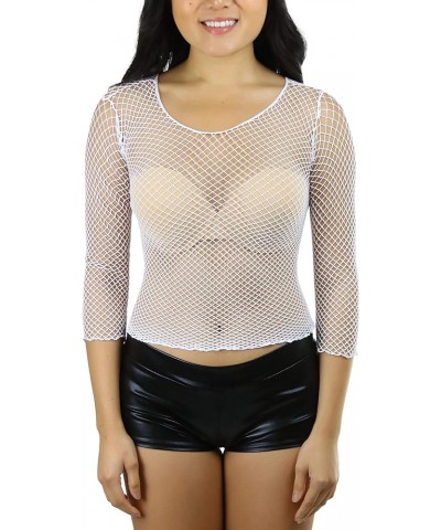 Women's Trendy Long Sleeve Diamond Net Fishnet Novelty Top White $9.66 Tanks