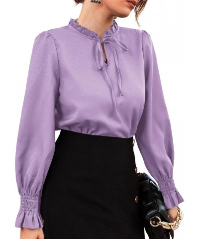 Women's Frill Mock Neck Self Tie Shirred Ruffle Long Sleeve Elegant Blouse Light Purple $14.70 Blouses