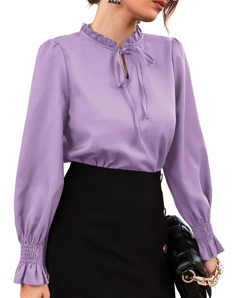 Women's Frill Mock Neck Self Tie Shirred Ruffle Long Sleeve Elegant Blouse Light Purple $14.70 Blouses