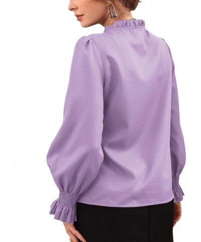 Women's Frill Mock Neck Self Tie Shirred Ruffle Long Sleeve Elegant Blouse Light Purple $14.70 Blouses