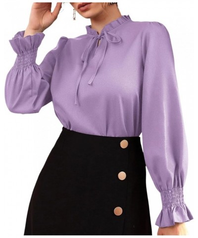 Women's Frill Mock Neck Self Tie Shirred Ruffle Long Sleeve Elegant Blouse Light Purple $14.70 Blouses