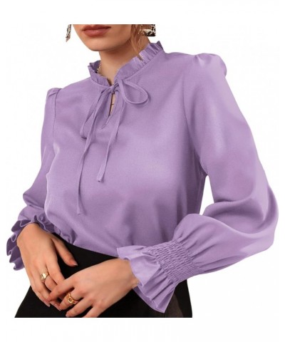 Women's Frill Mock Neck Self Tie Shirred Ruffle Long Sleeve Elegant Blouse Light Purple $14.70 Blouses