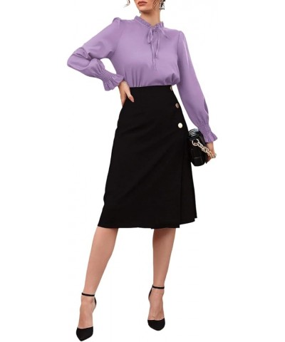 Women's Frill Mock Neck Self Tie Shirred Ruffle Long Sleeve Elegant Blouse Light Purple $14.70 Blouses