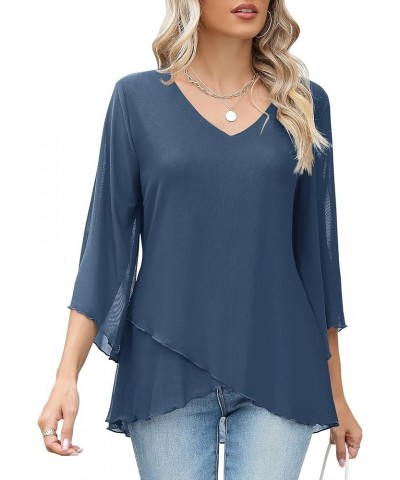 Women's 3/4 Sleeve Tunic Top Dressy V Neck Mesh Blouse Double Layered Shirt with Leggings Grey Blue $15.89 Blouses