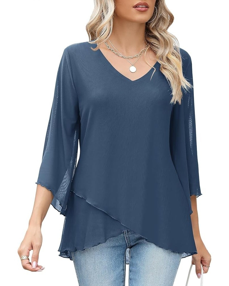 Women's 3/4 Sleeve Tunic Top Dressy V Neck Mesh Blouse Double Layered Shirt with Leggings Grey Blue $15.89 Blouses