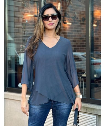 Women's 3/4 Sleeve Tunic Top Dressy V Neck Mesh Blouse Double Layered Shirt with Leggings Grey Blue $15.89 Blouses