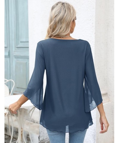 Women's 3/4 Sleeve Tunic Top Dressy V Neck Mesh Blouse Double Layered Shirt with Leggings Grey Blue $15.89 Blouses