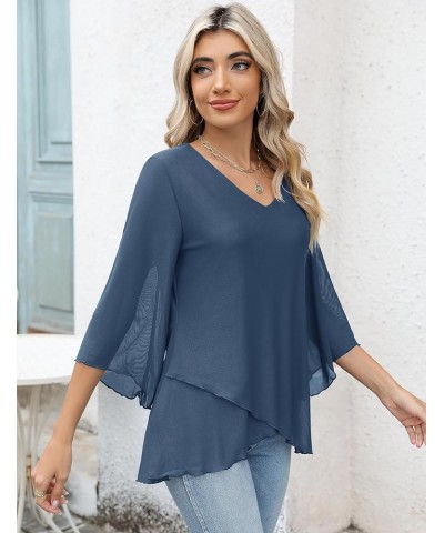 Women's 3/4 Sleeve Tunic Top Dressy V Neck Mesh Blouse Double Layered Shirt with Leggings Grey Blue $15.89 Blouses