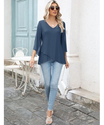 Women's 3/4 Sleeve Tunic Top Dressy V Neck Mesh Blouse Double Layered Shirt with Leggings Grey Blue $15.89 Blouses