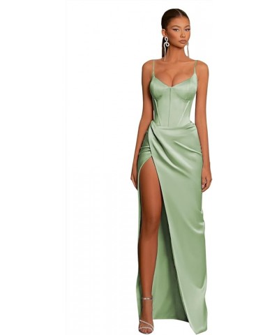 Spaghetti Straps Prom Dresses for Women with Slit V Neck Mermaid Evening Gowns YG260 Sage Green $26.65 Dresses