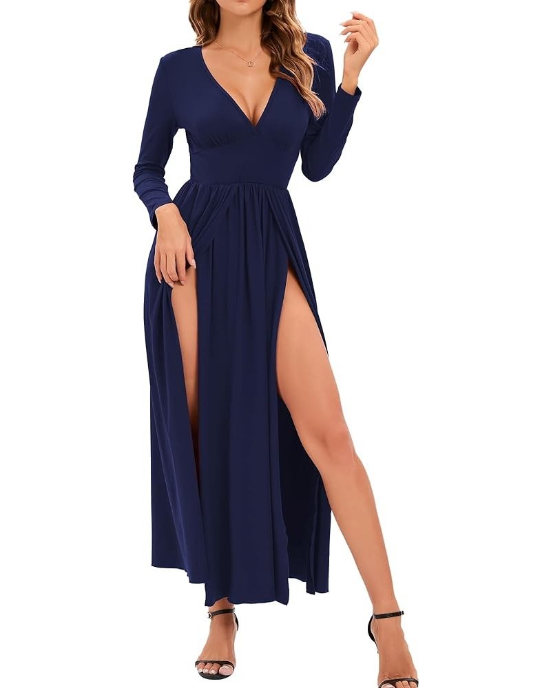 Women's Summer 2024 Sexy Double High Slit Deep V Neck Plus Size Sundresses Thigh Split Maxi Club Party Dresses Long Sleeve Na...