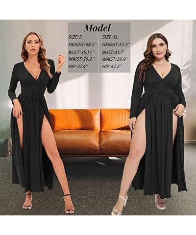 Women's Summer 2024 Sexy Double High Slit Deep V Neck Plus Size Sundresses Thigh Split Maxi Club Party Dresses Long Sleeve Na...