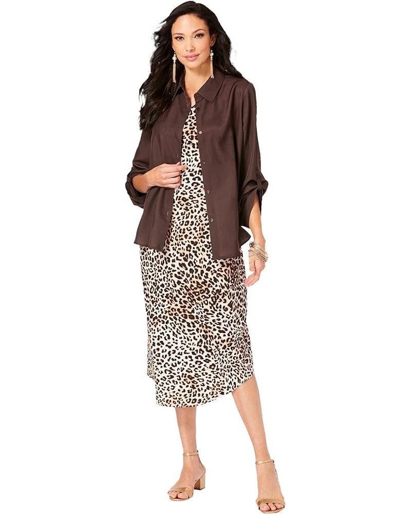 Women's Plus Size Three-Quarter Sleeve Jacket Dress Set with Button Front Natural Animal Print $45.36 Suits