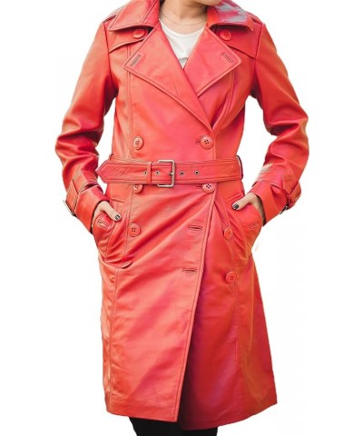 Double Breasted Premium Leather Trench Coats for Women - Classic Lapel Car Coat Style Long Leather Jacket Women with Belt Red...