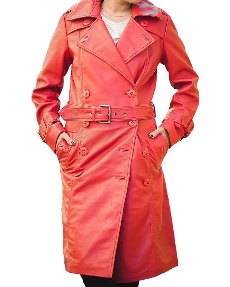 Double Breasted Premium Leather Trench Coats for Women - Classic Lapel Car Coat Style Long Leather Jacket Women with Belt Red...