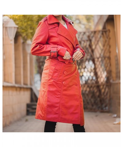 Double Breasted Premium Leather Trench Coats for Women - Classic Lapel Car Coat Style Long Leather Jacket Women with Belt Red...