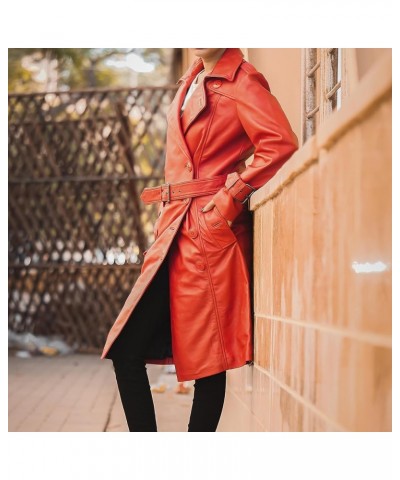 Double Breasted Premium Leather Trench Coats for Women - Classic Lapel Car Coat Style Long Leather Jacket Women with Belt Red...