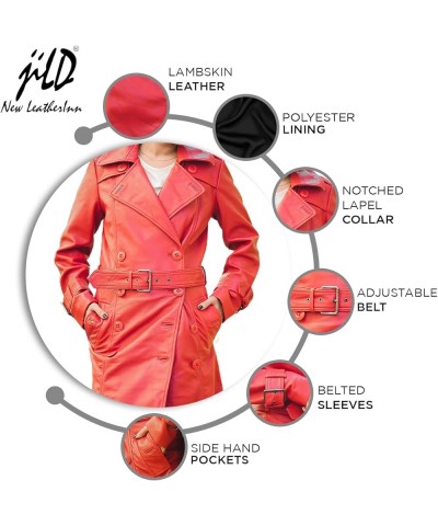 Double Breasted Premium Leather Trench Coats for Women - Classic Lapel Car Coat Style Long Leather Jacket Women with Belt Red...