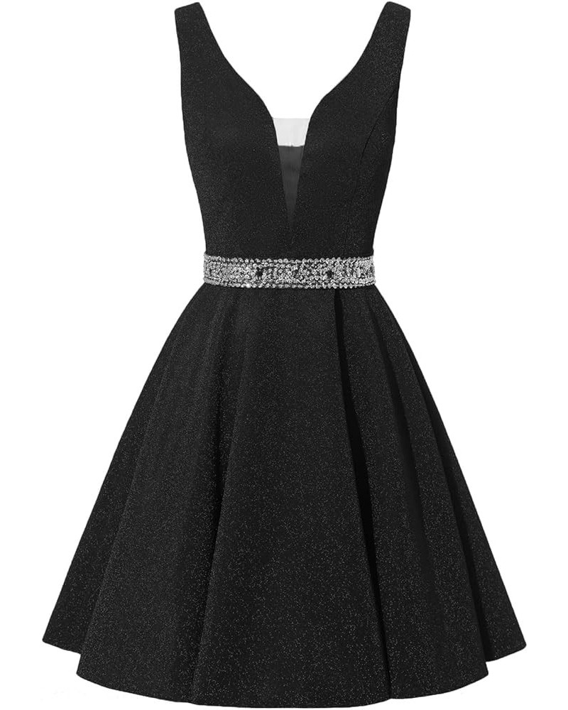 Satin Glitter Short Prom Dresses V-Neck Beaded Evening Homecoming Cocktail Party Gowns for Teens Black $23.97 Dresses