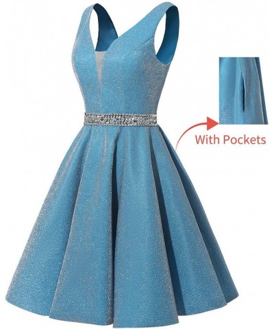 Satin Glitter Short Prom Dresses V-Neck Beaded Evening Homecoming Cocktail Party Gowns for Teens Black $23.97 Dresses