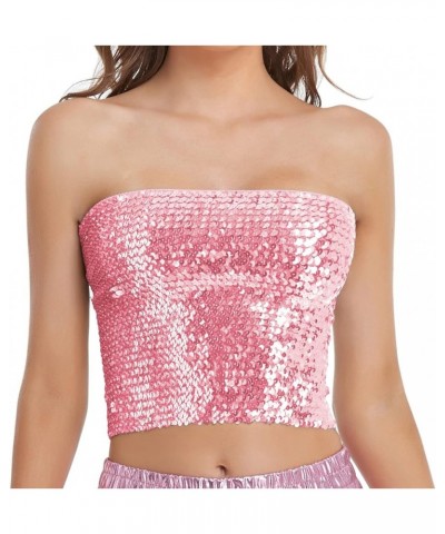 Womens Sparkly Sequin Mermaid Crop Tops, Strapless Metallic Tube Tops for Party Clubwear Pink $13.06 Tanks