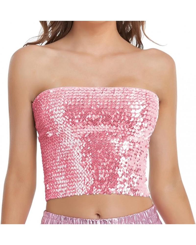 Womens Sparkly Sequin Mermaid Crop Tops, Strapless Metallic Tube Tops for Party Clubwear Pink $13.06 Tanks