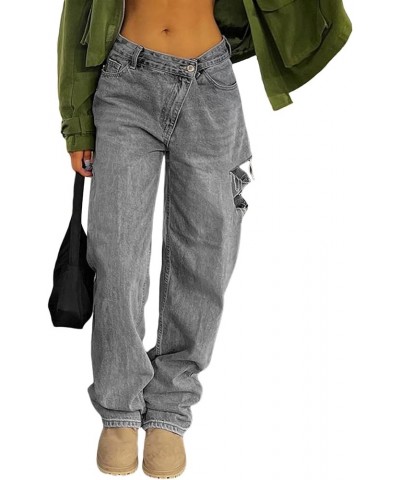 Women's Fashion High Waist Irregular Ripped Wide Leg Denim Pants Y2K Baggy Jeans Streetwear Grey-1 $16.32 Jeans