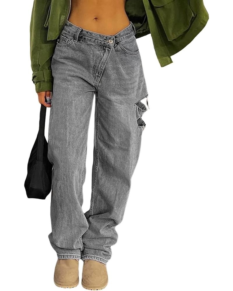 Women's Fashion High Waist Irregular Ripped Wide Leg Denim Pants Y2K Baggy Jeans Streetwear Grey-1 $16.32 Jeans