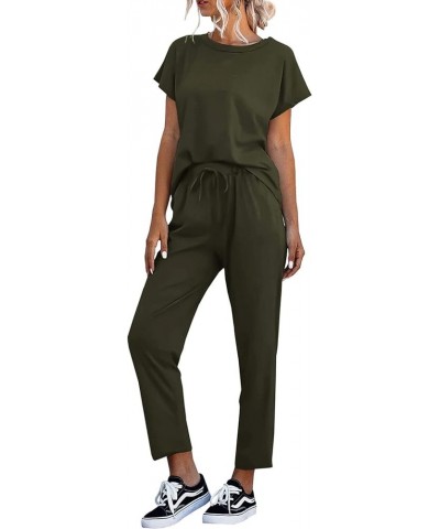 Women's 2 Piece Outfits Sets Casual Short Sleeve Crewneck T-Shirts and Pocketed Jogger Pants Summer Tracksuit Set Army Green ...