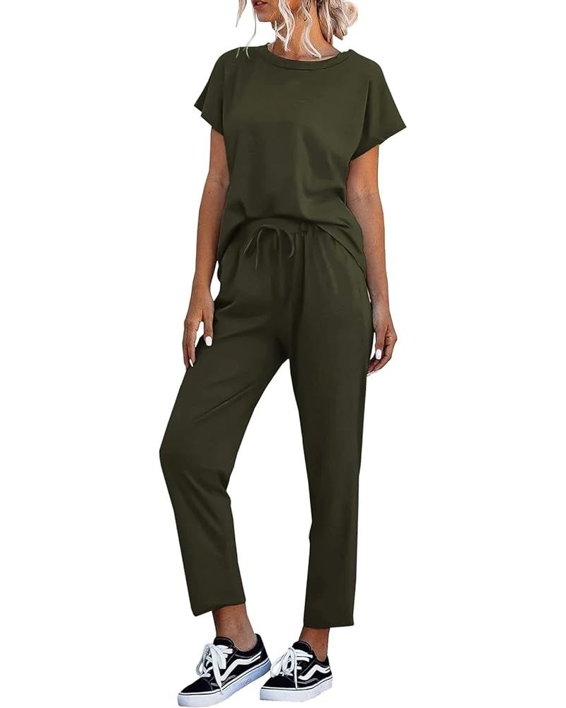 Women's 2 Piece Outfits Sets Casual Short Sleeve Crewneck T-Shirts and Pocketed Jogger Pants Summer Tracksuit Set Army Green ...