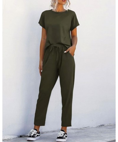 Women's 2 Piece Outfits Sets Casual Short Sleeve Crewneck T-Shirts and Pocketed Jogger Pants Summer Tracksuit Set Army Green ...