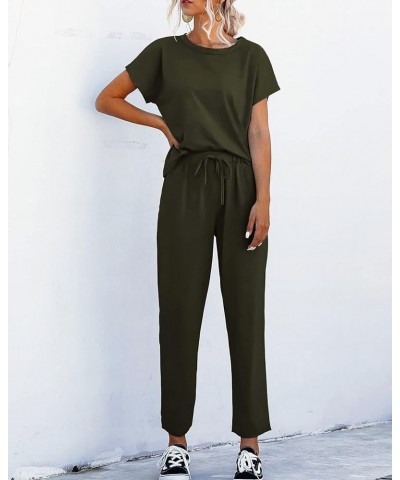 Women's 2 Piece Outfits Sets Casual Short Sleeve Crewneck T-Shirts and Pocketed Jogger Pants Summer Tracksuit Set Army Green ...