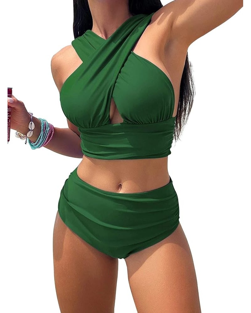 Criss Cross Cutout Bikini Ruched High Waisted Tummy Control Swimsuit Set 2 Piece Dark Green $18.92 Swimsuits