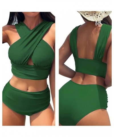 Criss Cross Cutout Bikini Ruched High Waisted Tummy Control Swimsuit Set 2 Piece Dark Green $18.92 Swimsuits